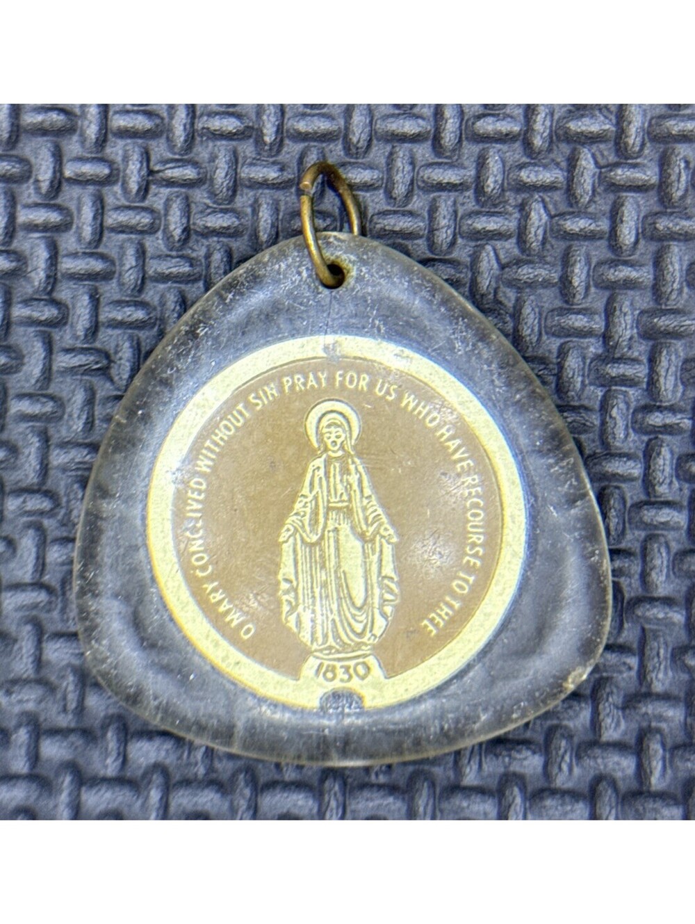 Blessed Mother Mary Catholic Medal Pendant Vintage Lucite Encased Medallion